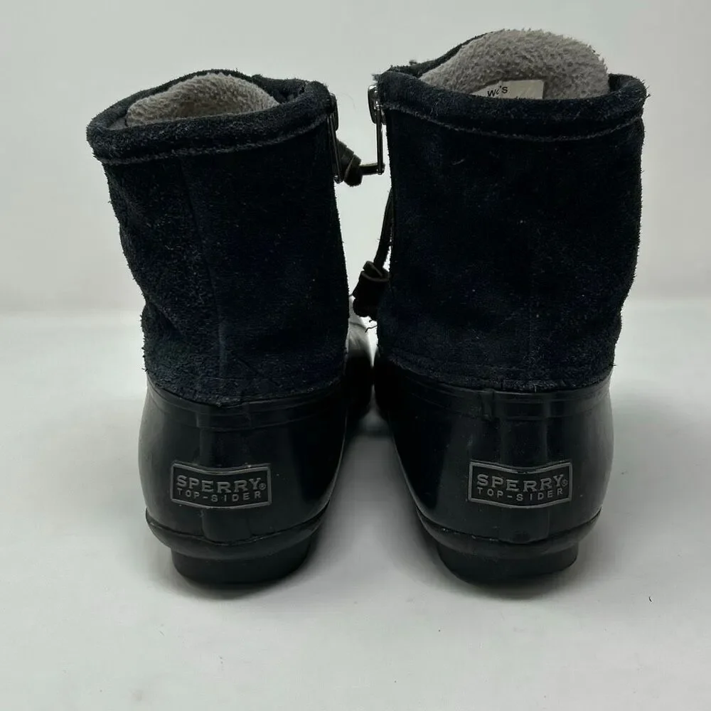 Sperry Duck Boots Black Sz 7 Suede Leather Upper Rain Snow Rubber Side Zip